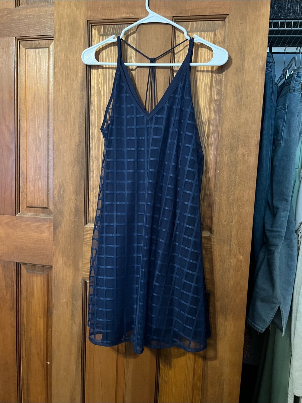 essue Navy Check Mesh Slip Dress